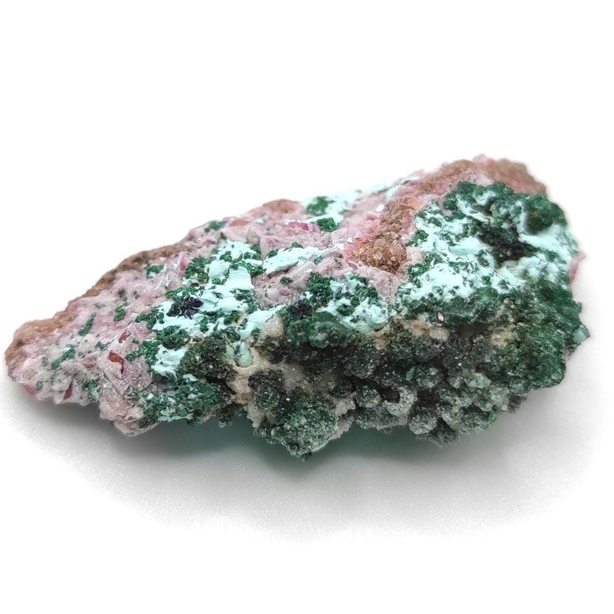 11g Malachite & Chrysocolla on Cobaltoan Calcite - Combination Mineral Specimens from Tenke Fungurume Area, Congo - Pink Cobalto Calcite