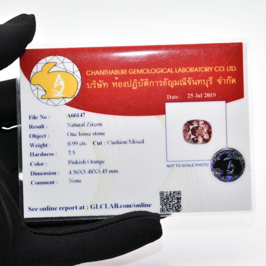 0.99ct Unheated Orange Pink Zircon - Cambodia Cushion Cut Zircon - Faceted Natutal Zircon Gemstone - Loose Zircon with Certificate