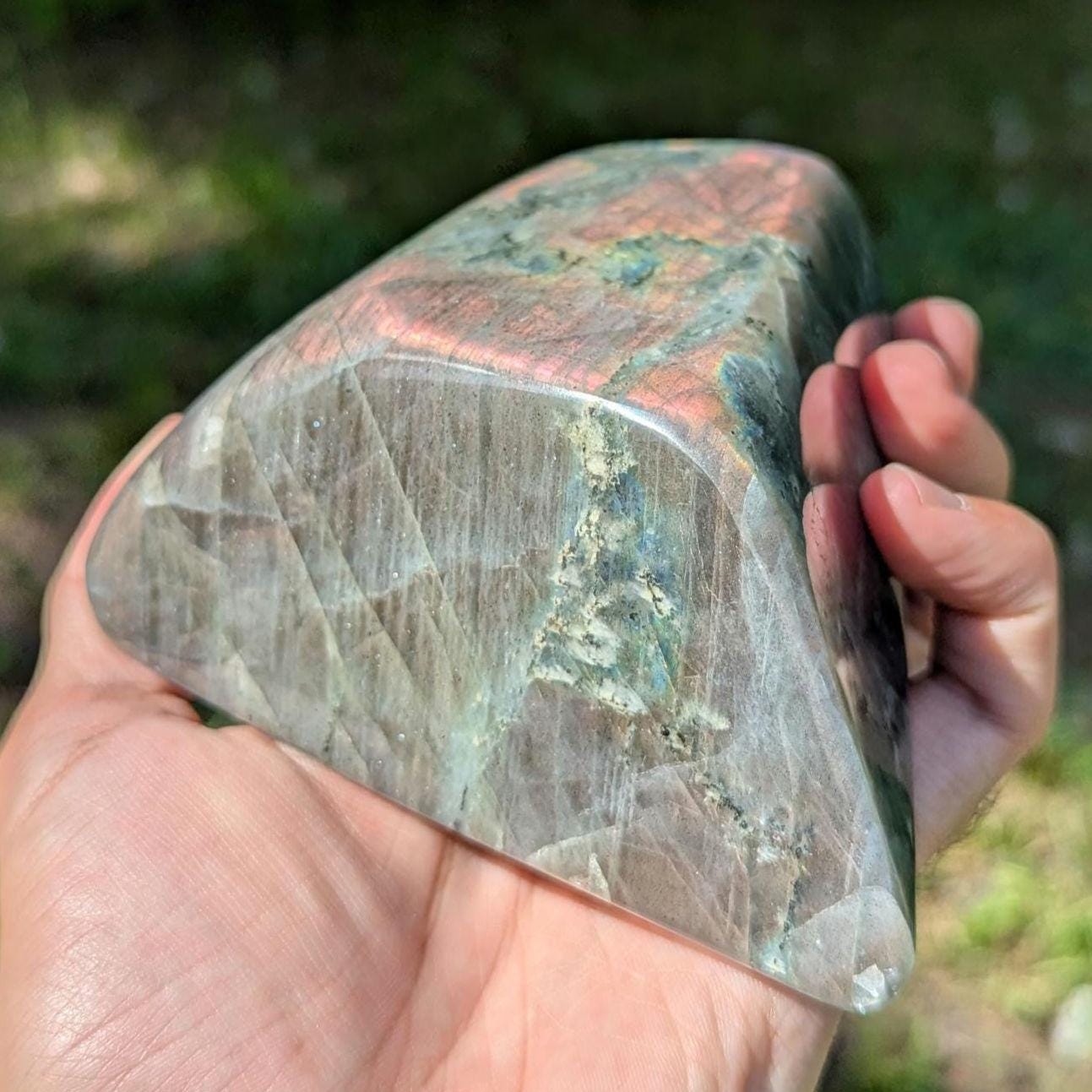 862 g Orangey Pink Labradorite Crystal - Polished Purple, Orange, Pink Flash Labradorite Freeform - Large Polished Labradorite - Madagascar