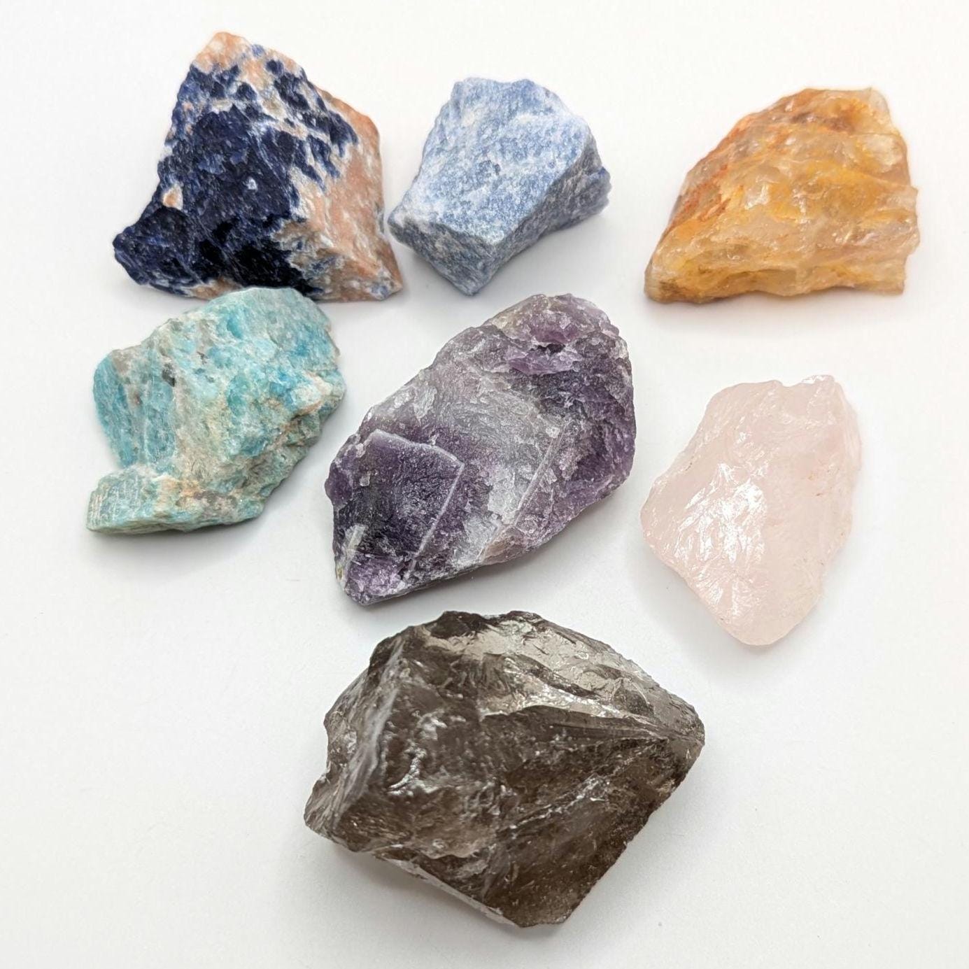 7 piece Beginner Crystal Set, Rough Mineral Collection Set, Amazonite, Amethyst, Smoky & Rose Quartz, Golden Healer, Sodalite