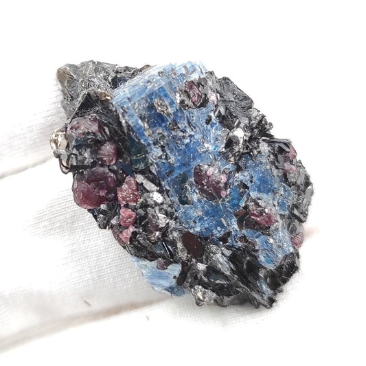 8.91g Kyanite in Gneiss with Almadine Garnet - Khit Ostrov, Northern Karelia, Russia - Thumbnail Mineral Specimen - Blue Kyanite Crystal