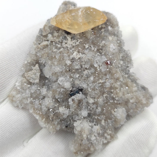 36g Elmwood Calcite and Sphalerite on Druzy Quartz - Elmwood Mine, Tennessee, United States - Mineral Specimen - Yellow Calcite Specimen