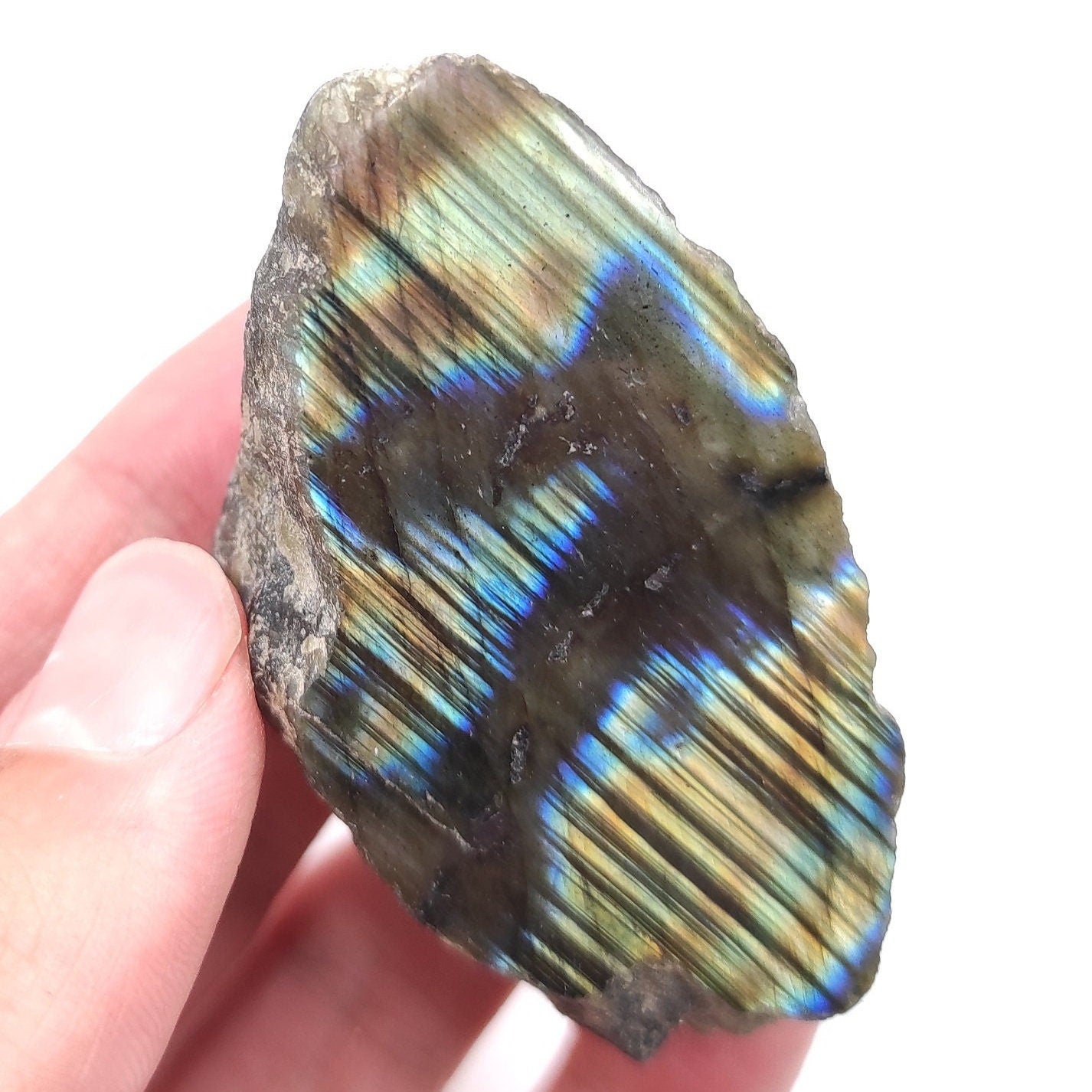 87g Labradorite with One Side Polished - Flashy Labradorite Slab - Rough Labradorite - Raw and Polished Labradorite - Madagascar