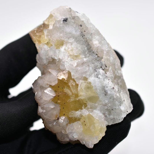 202g Yellow Fluorite with Quartz Crystal - UV Reactive Minerals - Sidi Ayad, Morocco - Mineral Specimen - UV Fluorite Crystal Specimen