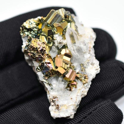 24g Iridescent Pyrite with Quartz - West Kalimantan Island, Indonesia - Natural Iridescent Pyrite Cluster - Rainbow Pyrite Mineral Specimen