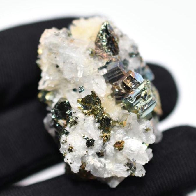 38g Iridescent Pyrite with Quartz - West Kalimantan Island, Indonesia - Natural Iridescent Pyrite Cluster - Rainbow Pyrite Mineral Specimen