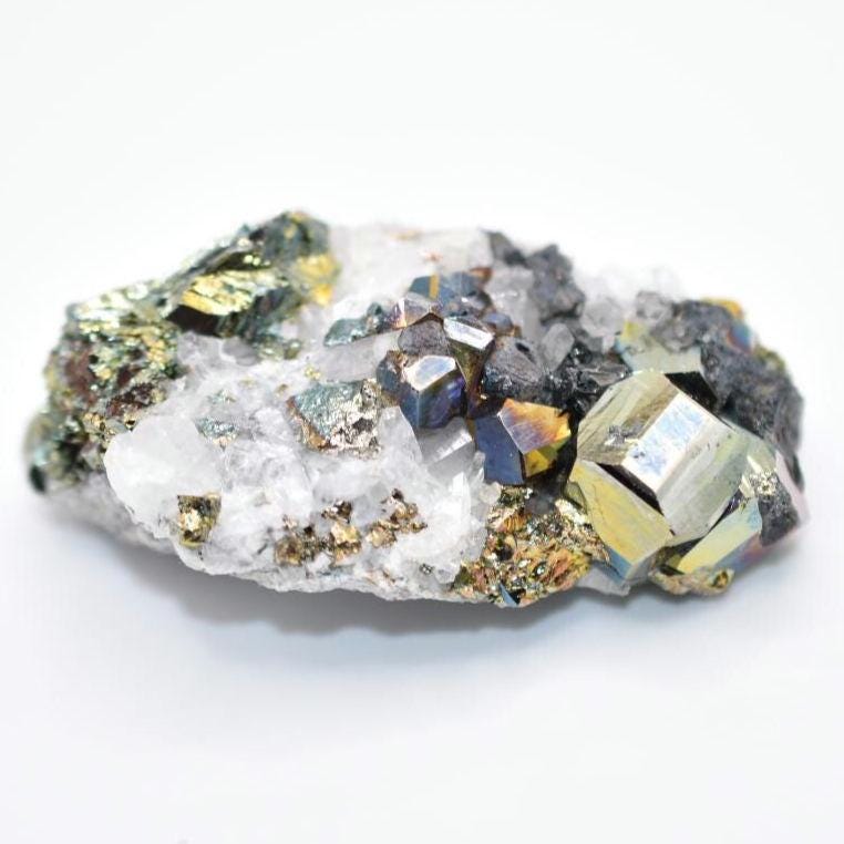 67g Iridescent Pyrite with Quartz - West Kalimantan Island, Indonesia - Natural Iridescent Pyrite Cluster - Rainbow Pyrite Mineral Specimen