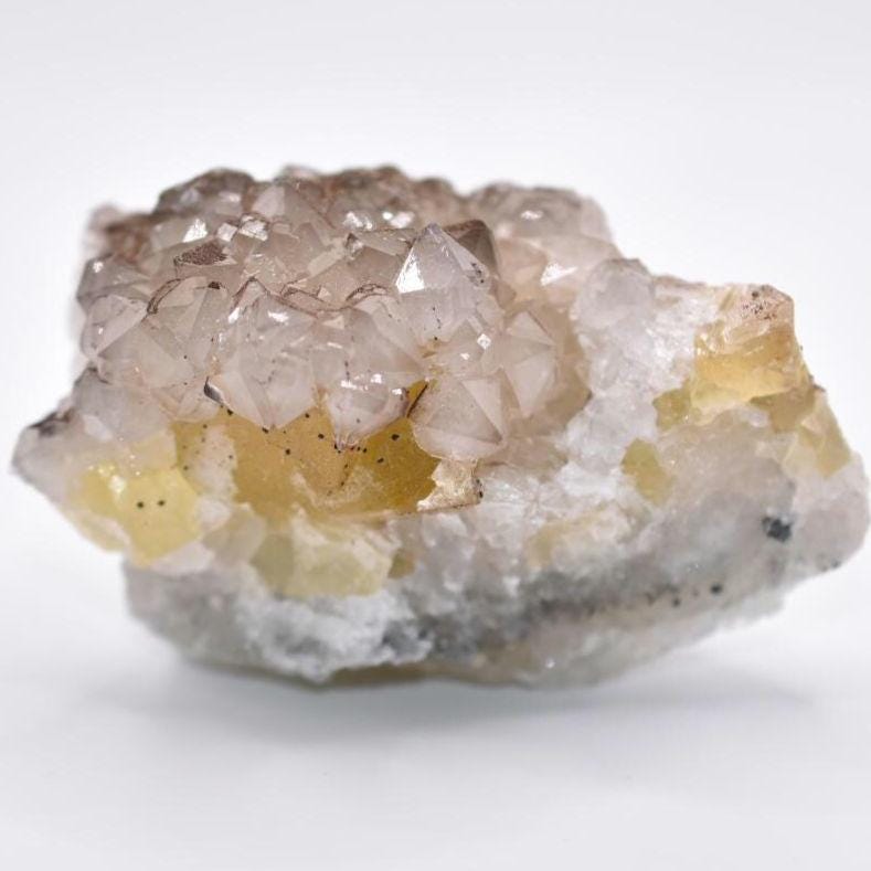 202g Yellow Fluorite with Quartz Crystal - UV Reactive Minerals - Sidi Ayad, Morocco - Mineral Specimen - UV Fluorite Crystal Specimen