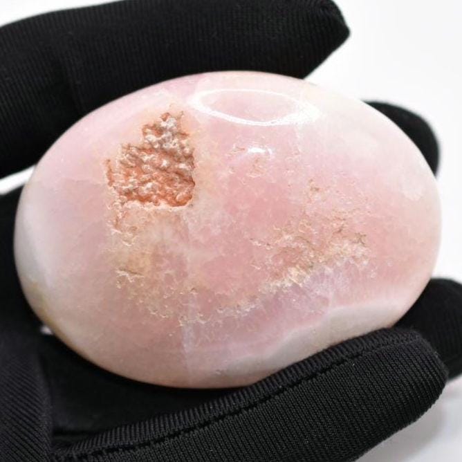 123g Pink Aragonite Palmstone - Polished Natural Pink Aragonite - Oval Pink Aragonite Piece from Balochistan, Pakistan - Polished Crystals