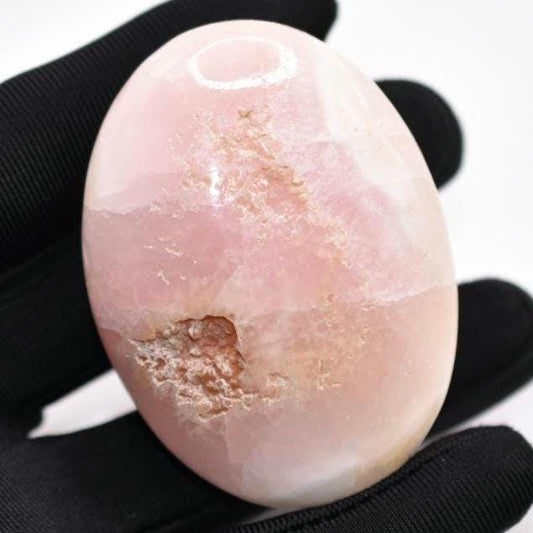 123g Pink Aragonite Palmstone - Polished Natural Pink Aragonite - Oval Pink Aragonite Piece from Balochistan, Pakistan - Polished Crystals