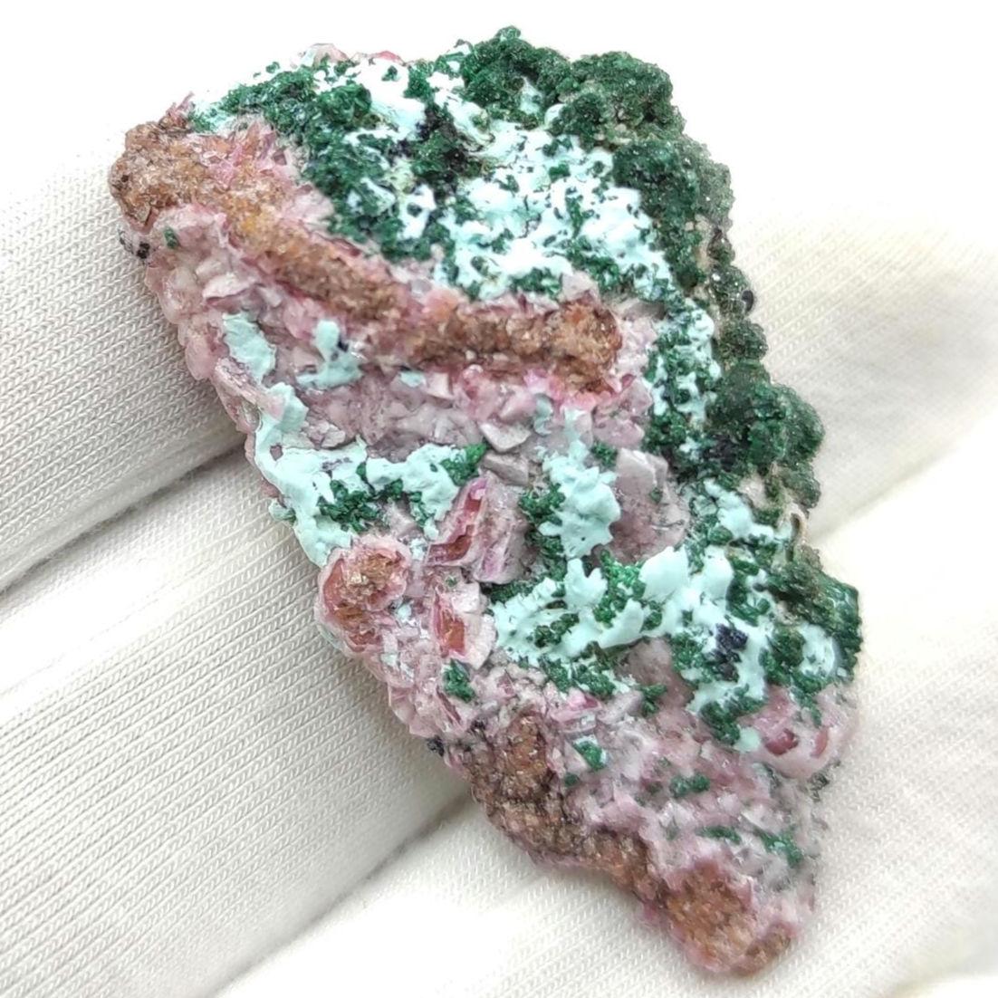 11g Malachite & Chrysocolla on Cobaltoan Calcite - Combination Mineral Specimens from Tenke Fungurume Area, Congo - Pink Cobalto Calcite
