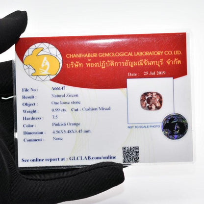 0.99ct Unheated Orange Pink Zircon - Cambodia Cushion Cut Zircon - Faceted Natutal Zircon Gemstone - Loose Zircon with Certificate