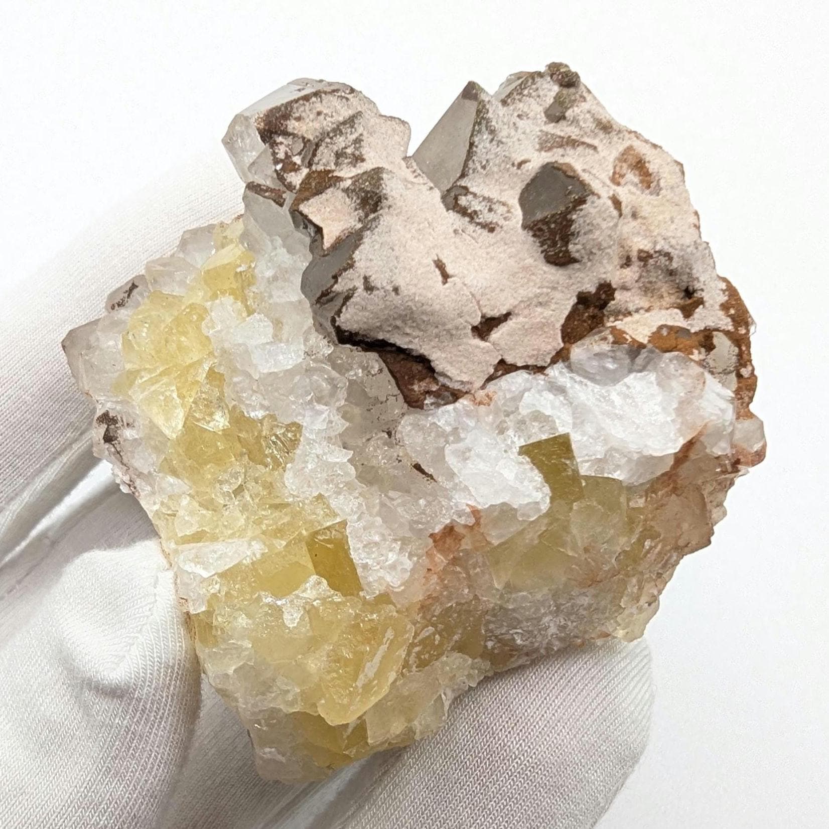 125 g Yellow Fluorite with Quartz - Sidi Ayad, Morocco - UV Reactive Fluorite Mineral Specimen