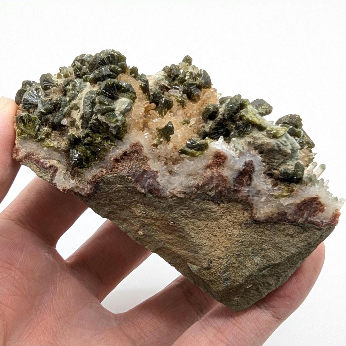 261g Natural Epidote with Quartz Crystals on Matrix - Imilchil, Morocco - Rough Green Epidote - Raw Mineral Specimen