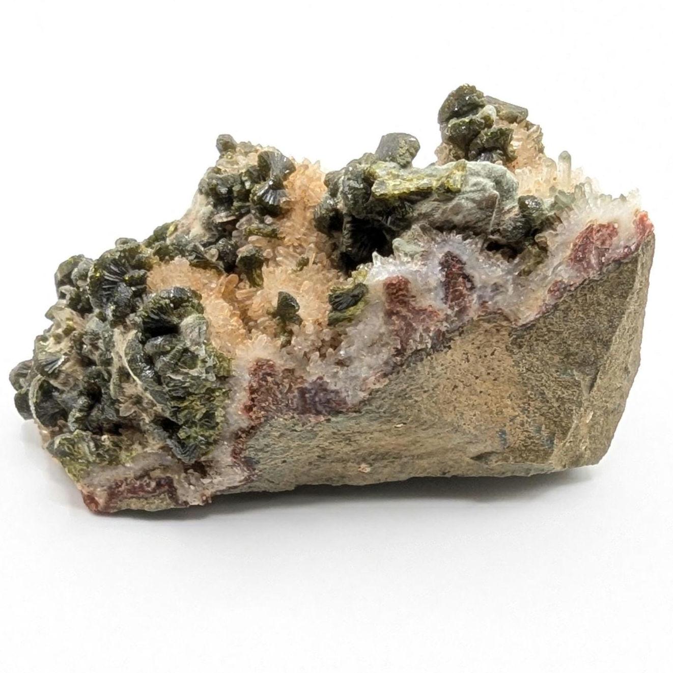 261g Natural Epidote with Quartz Crystals on Matrix - Imilchil, Morocco - Rough Green Epidote - Raw Mineral Specimen