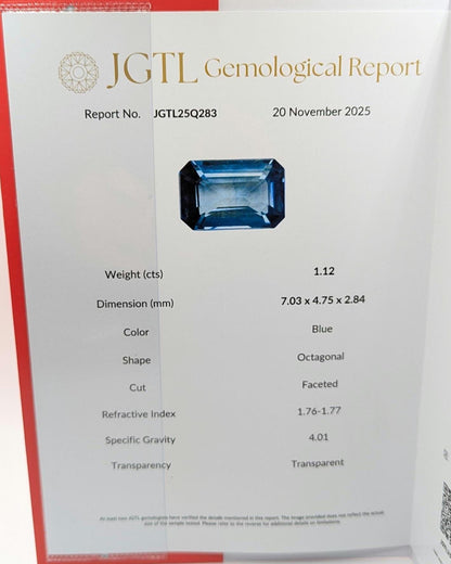 1.12 ct Certified Unheated Teal Blue Sapphire - Octagon Faceted Sapphire from Madagascar - Loose Natural Sapphire with JGTL Certificate