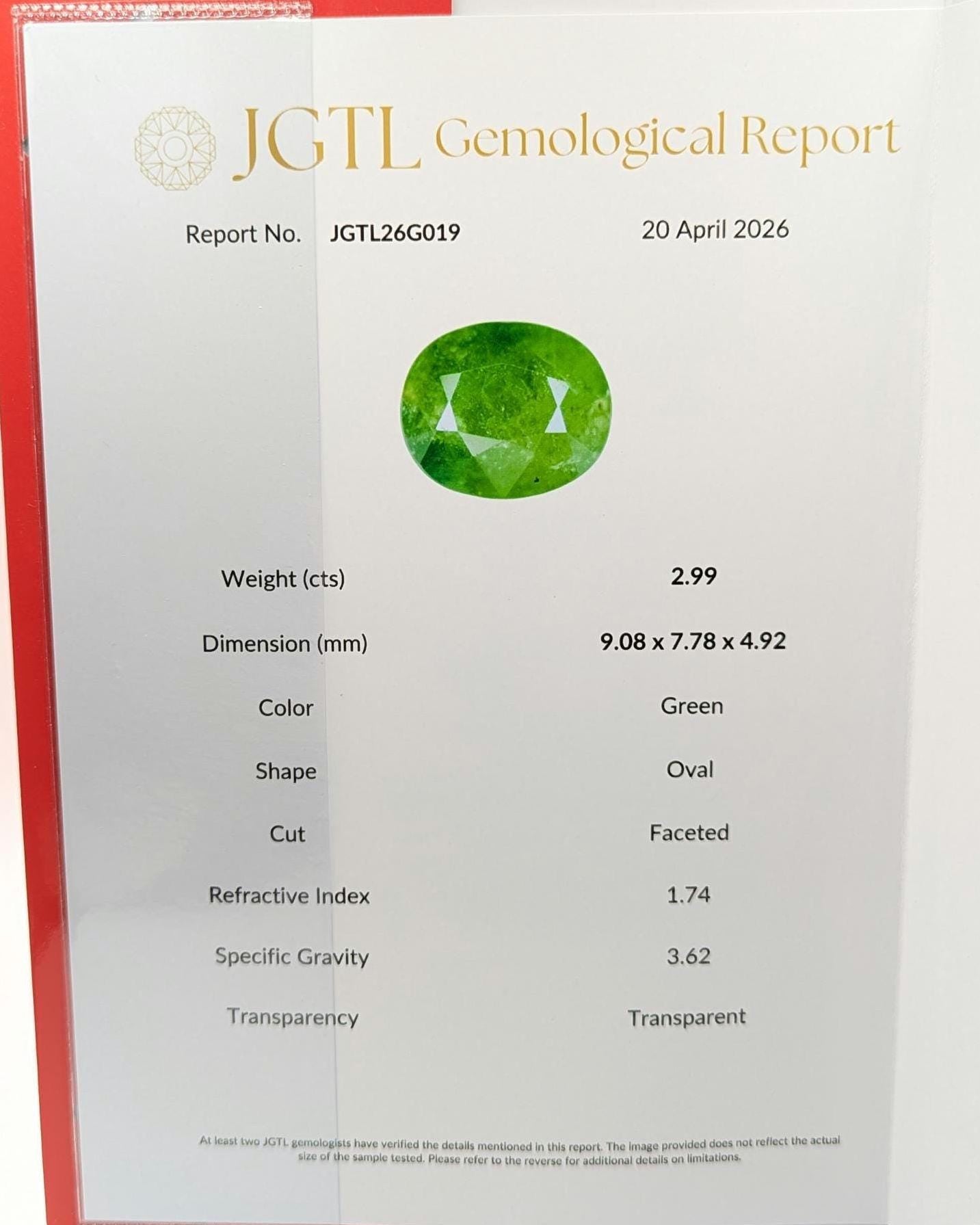 2.99 ct Green Tsavorite Garnet, Oval Cut, Tanzania