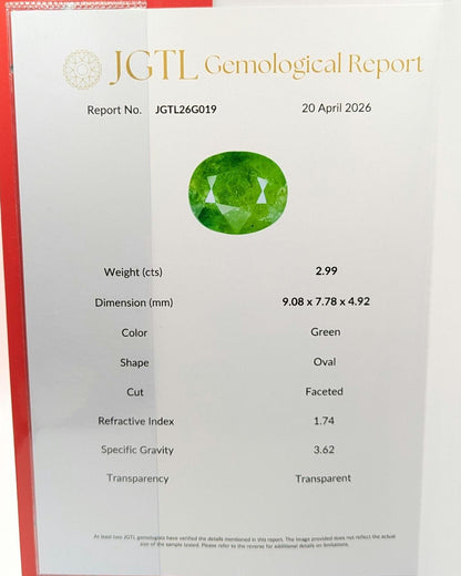 2.99 ct Green Tsavorite Garnet, Oval Cut, Tanzania