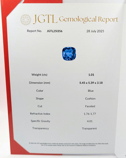 1.01 ct Certified Unheated Blue Sapphire - Cushion Faceted Sapphire from Madagascar - Unheated Natural Sapphire - JGTL Certificate Loose Gem