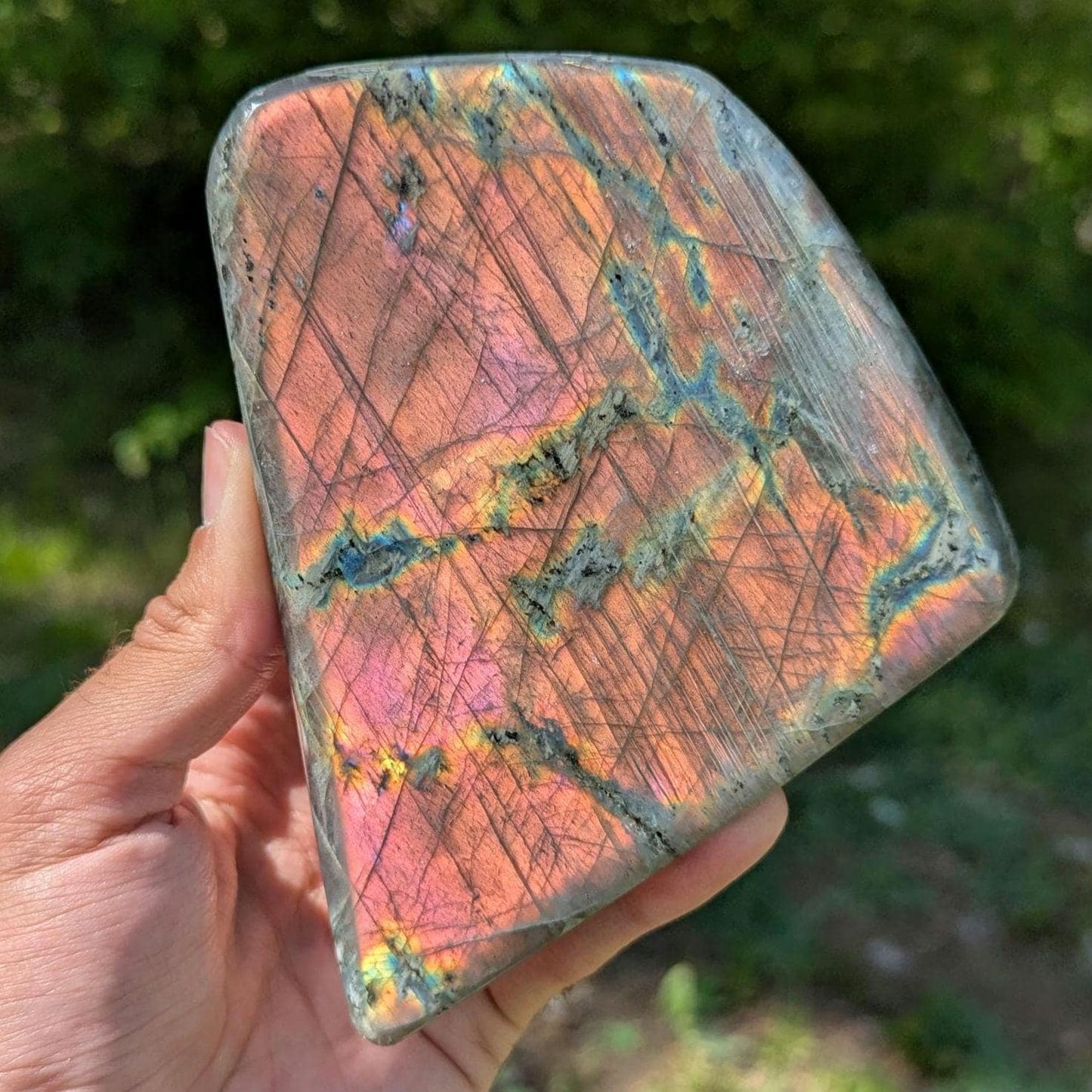 862 g Orangey Pink Labradorite Crystal - Polished Purple, Orange, Pink Flash Labradorite Freeform - Large Polished Labradorite - Madagascar
