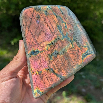 862 g Orangey Pink Labradorite Crystal - Polished Purple, Orange, Pink Flash Labradorite Freeform - Large Polished Labradorite - Madagascar