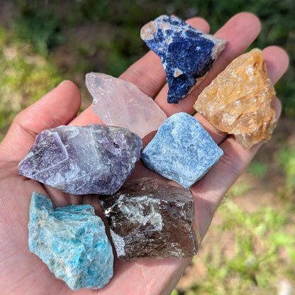 7 piece Beginner Crystal Set, Rough Mineral Collection Set, Amazonite, Amethyst, Smoky & Rose Quartz, Golden Healer, Sodalite