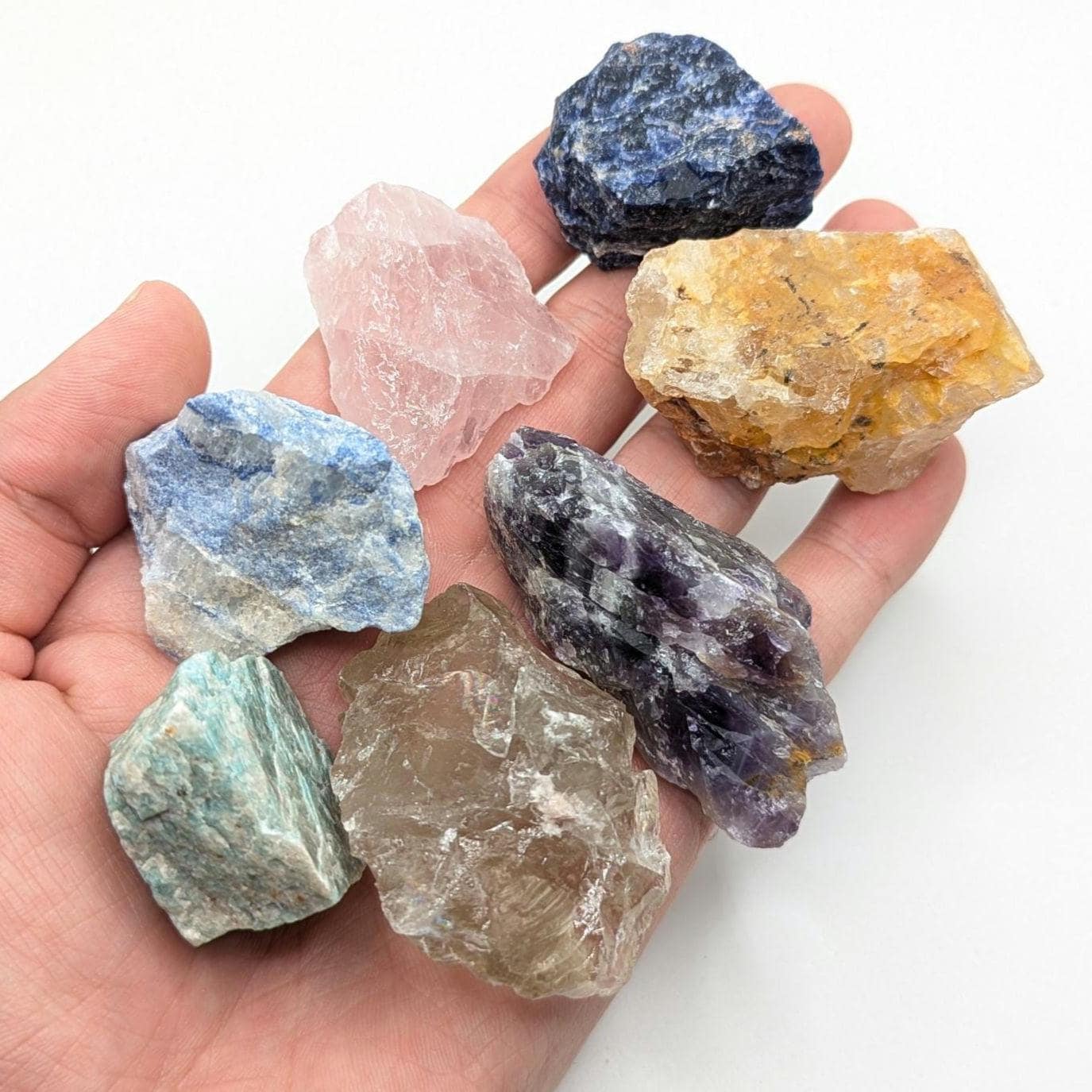 7 piece Beginner Crystal Set, Rough Mineral Collection Set, Amazonite, Amethyst, Smoky & Rose Quartz, Golden Healer, Sodalite