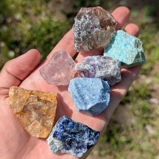 7 piece Beginner Crystal Set, Rough Mineral Collection Set, Amazonite, Amethyst, Smoky & Rose Quartz, Golden Healer, Sodalite