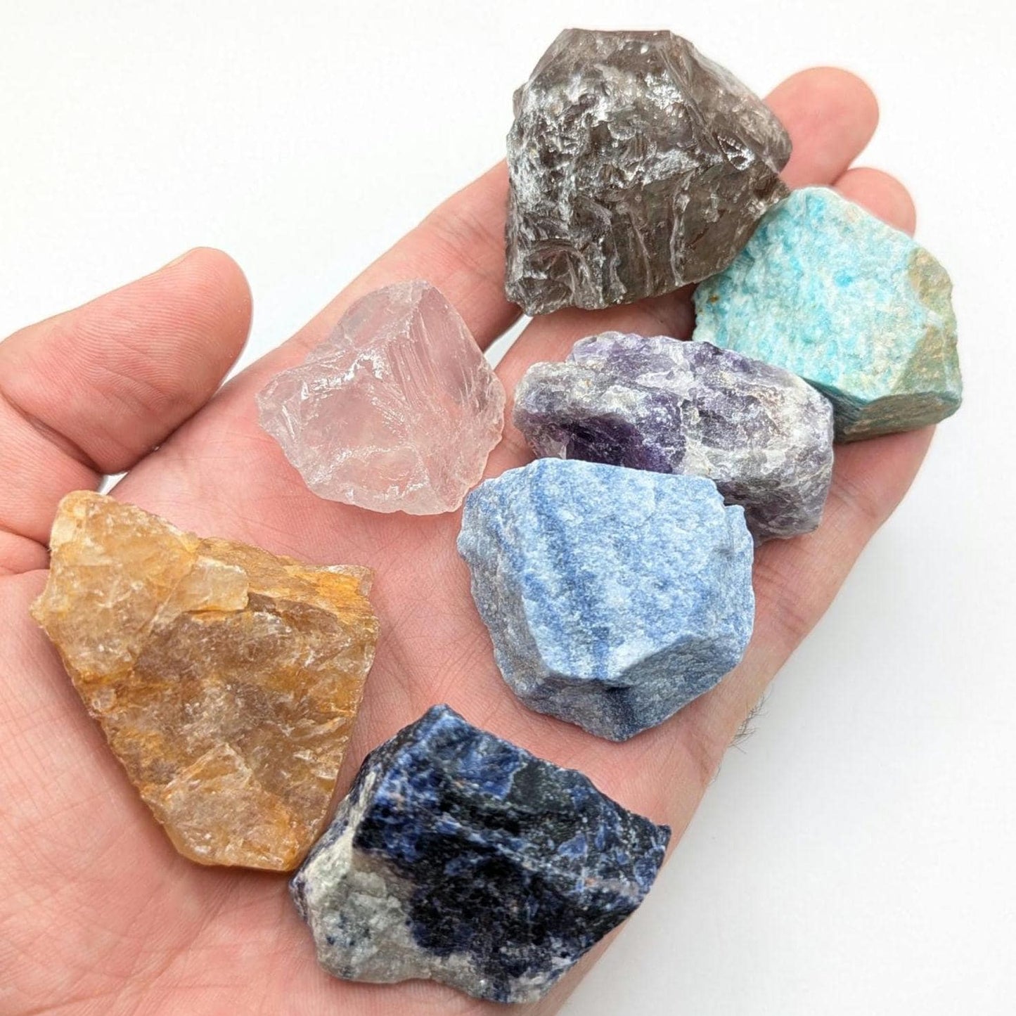 7 piece Beginner Crystal Set, Rough Mineral Collection Set, Amazonite, Amethyst, Smoky & Rose Quartz, Golden Healer, Sodalite