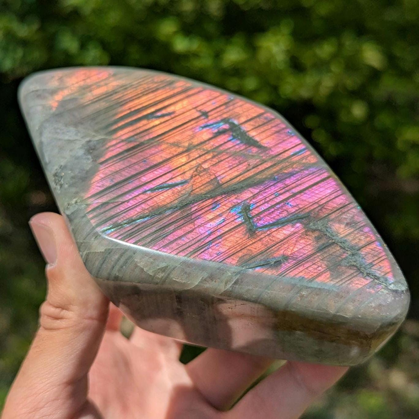 835 g Orangey Pink Labradorite Crystal - Polished Purple, Orange, Pink Flash Labradorite Freeform - Large Polished Labradorite - Madagascar