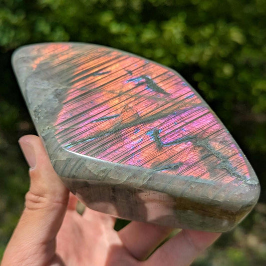 835 g Orangey Pink Labradorite Crystal - Polished Purple, Orange, Pink Flash Labradorite Freeform - Large Polished Labradorite - Madagascar