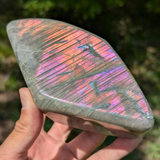 835 g Orangey Pink Labradorite Crystal - Polished Purple, Orange, Pink Flash Labradorite Freeform - Large Polished Labradorite - Madagascar