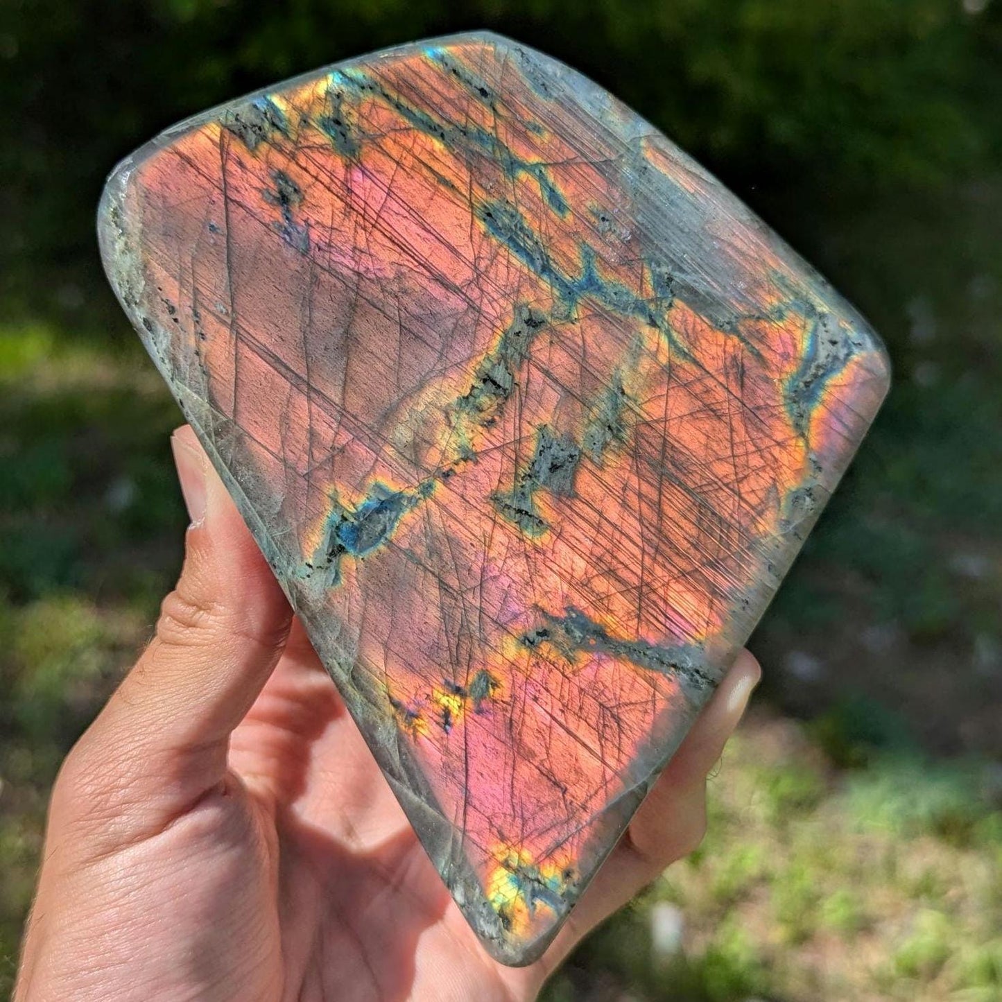 862 g Orangey Pink Labradorite Crystal - Polished Purple, Orange, Pink Flash Labradorite Freeform - Large Polished Labradorite - Madagascar