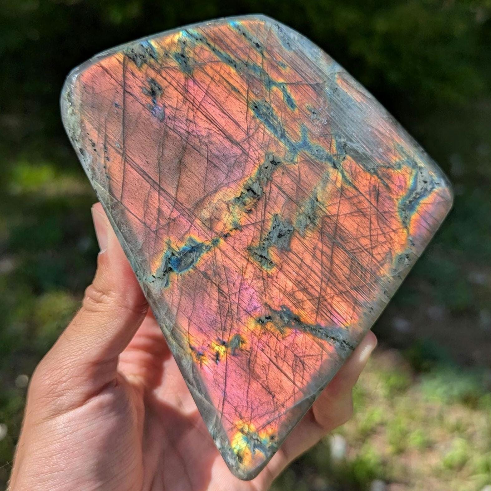 862 g Orangey Pink Labradorite Crystal - Polished Purple, Orange, Pink Flash Labradorite Freeform - Large Polished Labradorite - Madagascar