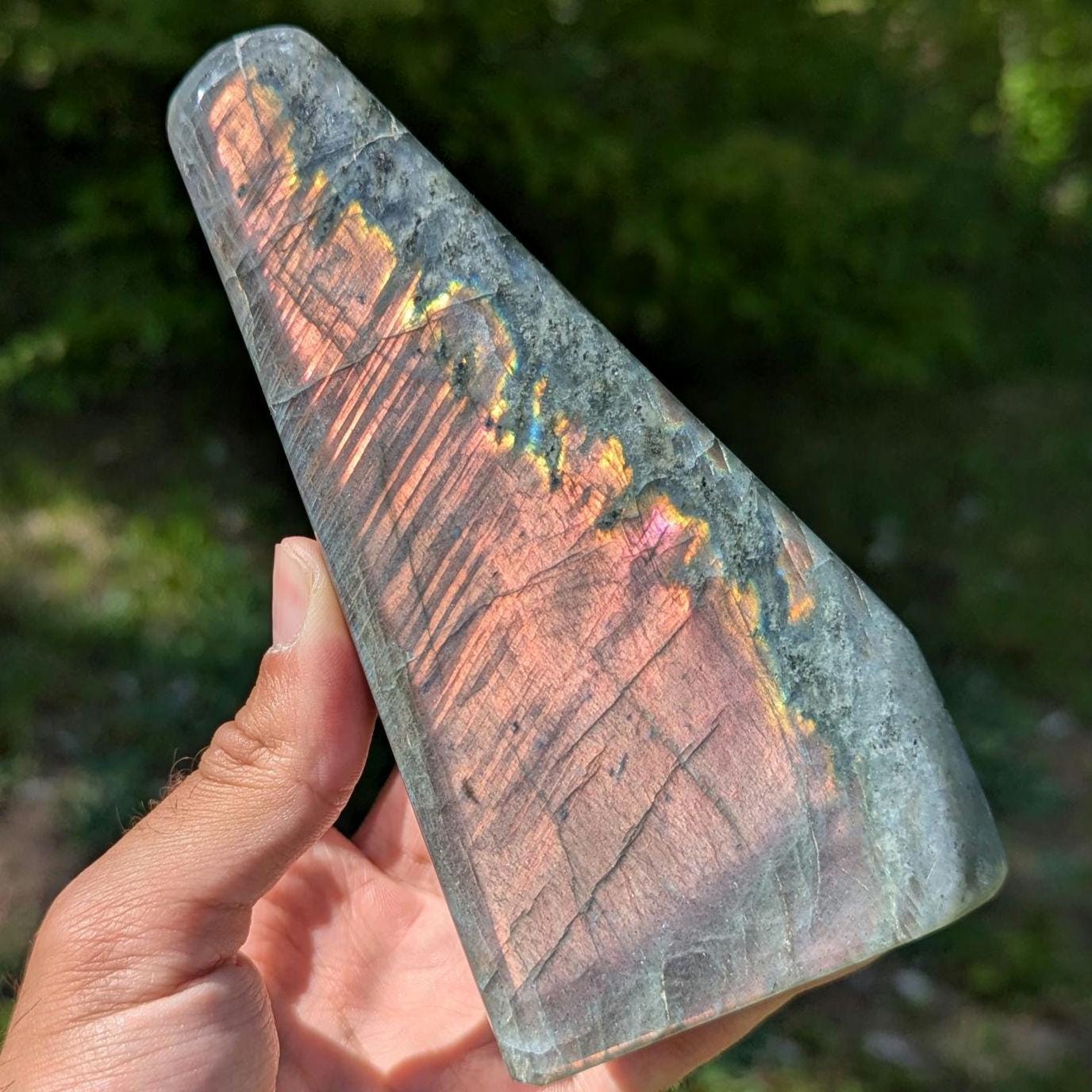 766 g Orangey Pink Labradorite Crystal - Polished Purple, Orange, Pink Flash Labradorite Freeform - Large Polished Labradorite - Madagascar