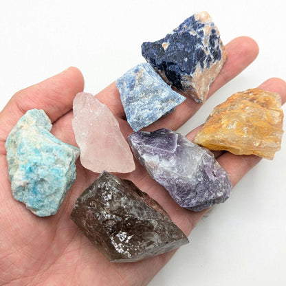 7 piece Beginner Crystal Set, Rough Mineral Collection Set, Amazonite, Amethyst, Smoky & Rose Quartz, Golden Healer, Sodalite