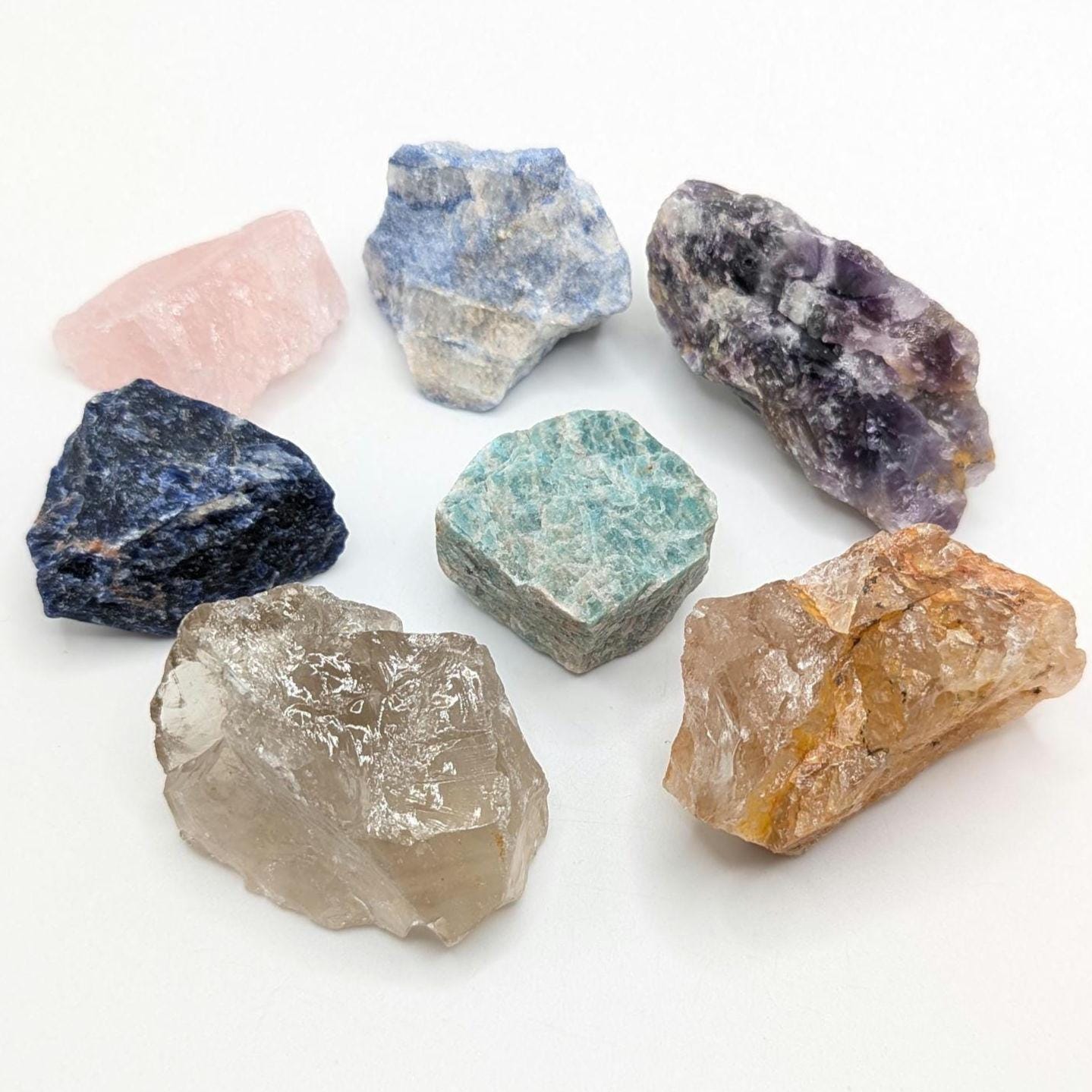 7 piece Beginner Crystal Set, Rough Mineral Collection Set, Amazonite, Amethyst, Smoky & Rose Quartz, Golden Healer, Sodalite
