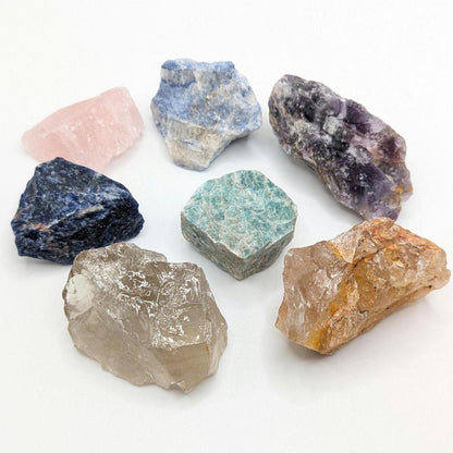 7 piece Beginner Crystal Set, Rough Mineral Collection Set, Amazonite, Amethyst, Smoky & Rose Quartz, Golden Healer, Sodalite