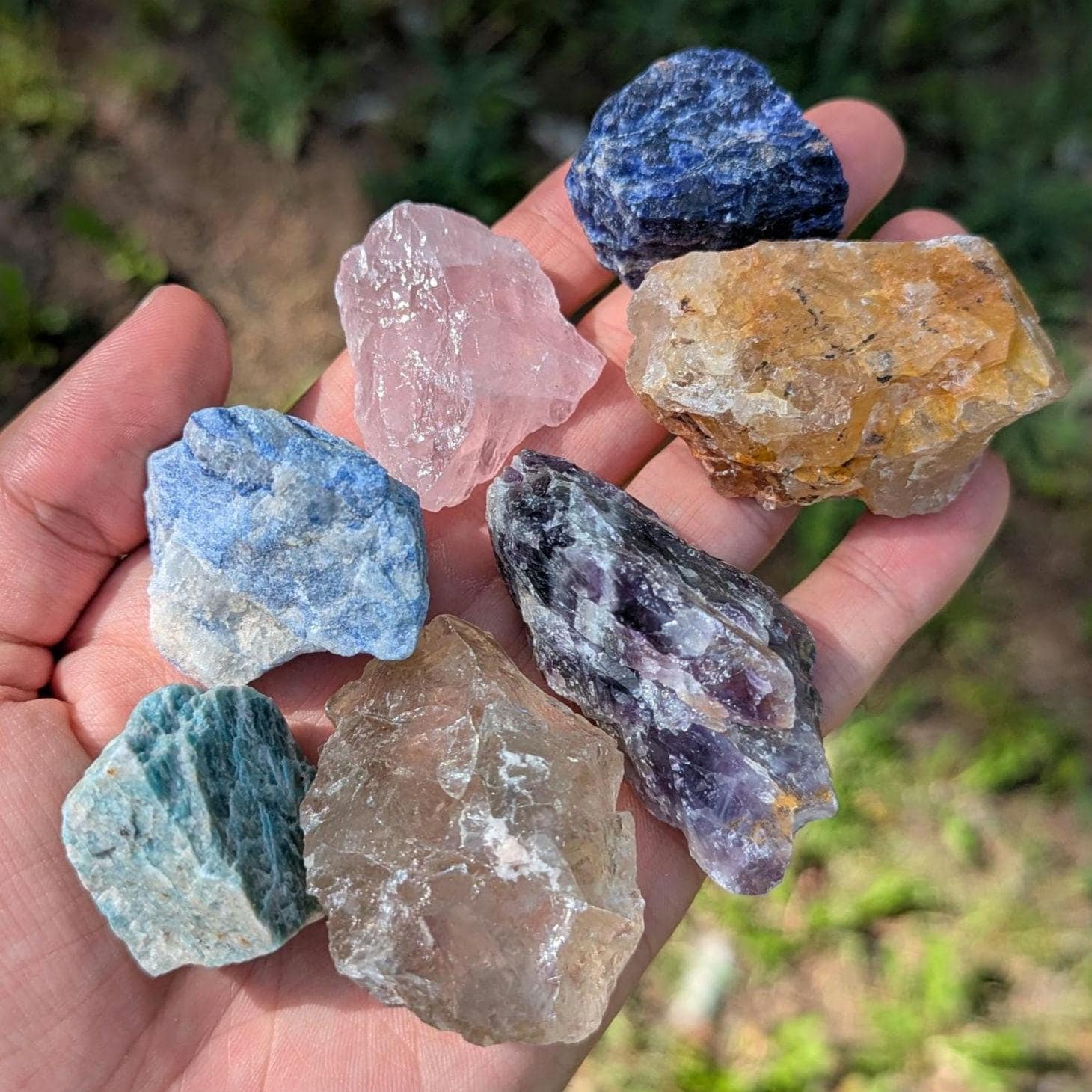 7 piece Beginner Crystal Set, Rough Mineral Collection Set, Amazonite, Amethyst, Smoky & Rose Quartz, Golden Healer, Sodalite
