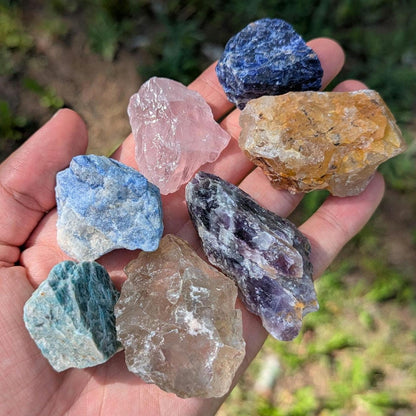 7 piece Beginner Crystal Set, Rough Mineral Collection Set, Amazonite, Amethyst, Smoky & Rose Quartz, Golden Healer, Sodalite