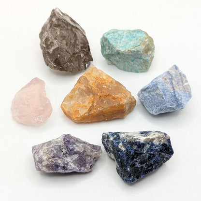 7 piece Beginner Crystal Set, Rough Mineral Collection Set, Amazonite, Amethyst, Smoky & Rose Quartz, Golden Healer, Sodalite