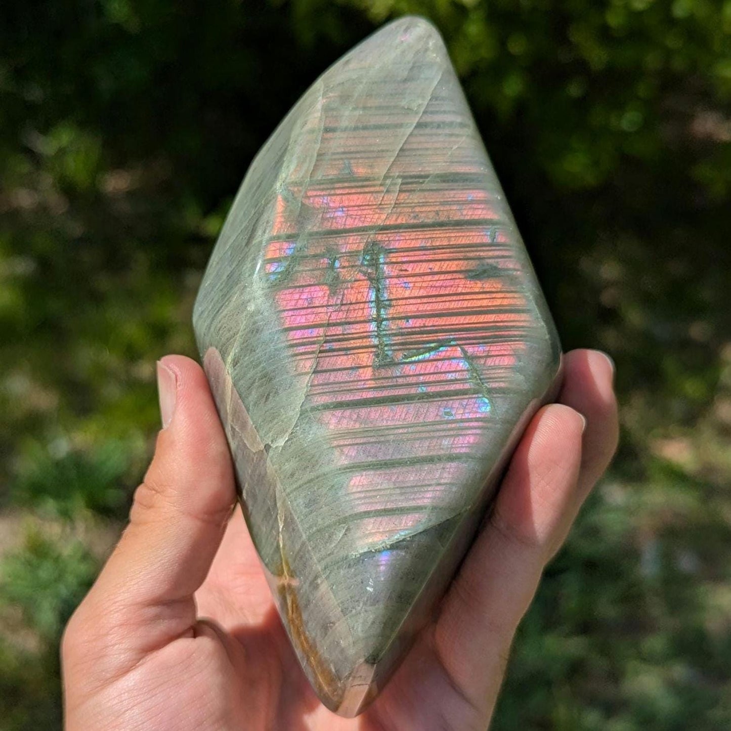835 g Orangey Pink Labradorite Crystal - Polished Purple, Orange, Pink Flash Labradorite Freeform - Large Polished Labradorite - Madagascar