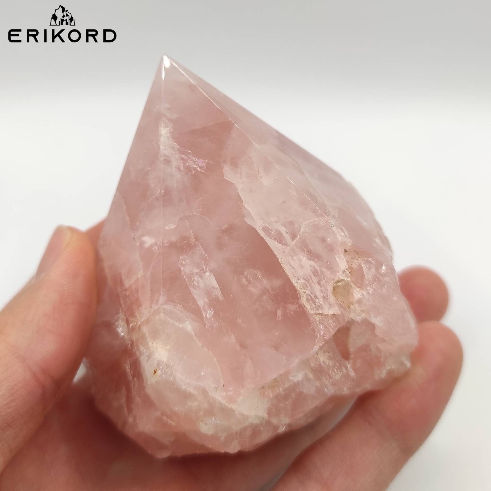 344g Raw Polished Rose Quartz Pink Tower Natural Crystal Point with Raw Base & Polished Tower Point Crystal Pyramid Flat Base Self Standing