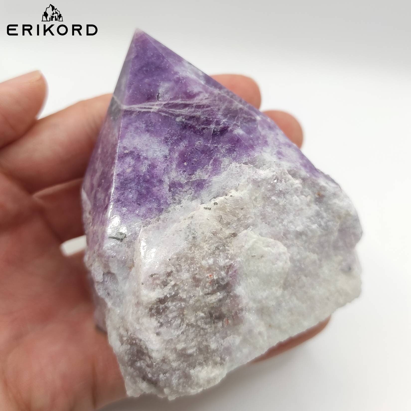 321g Raw Polished Purple Lepidolite Tower Natural Crystal Point with Raw Base & Polished Tower Point Crystal Pyramid Flat Base Self Standing