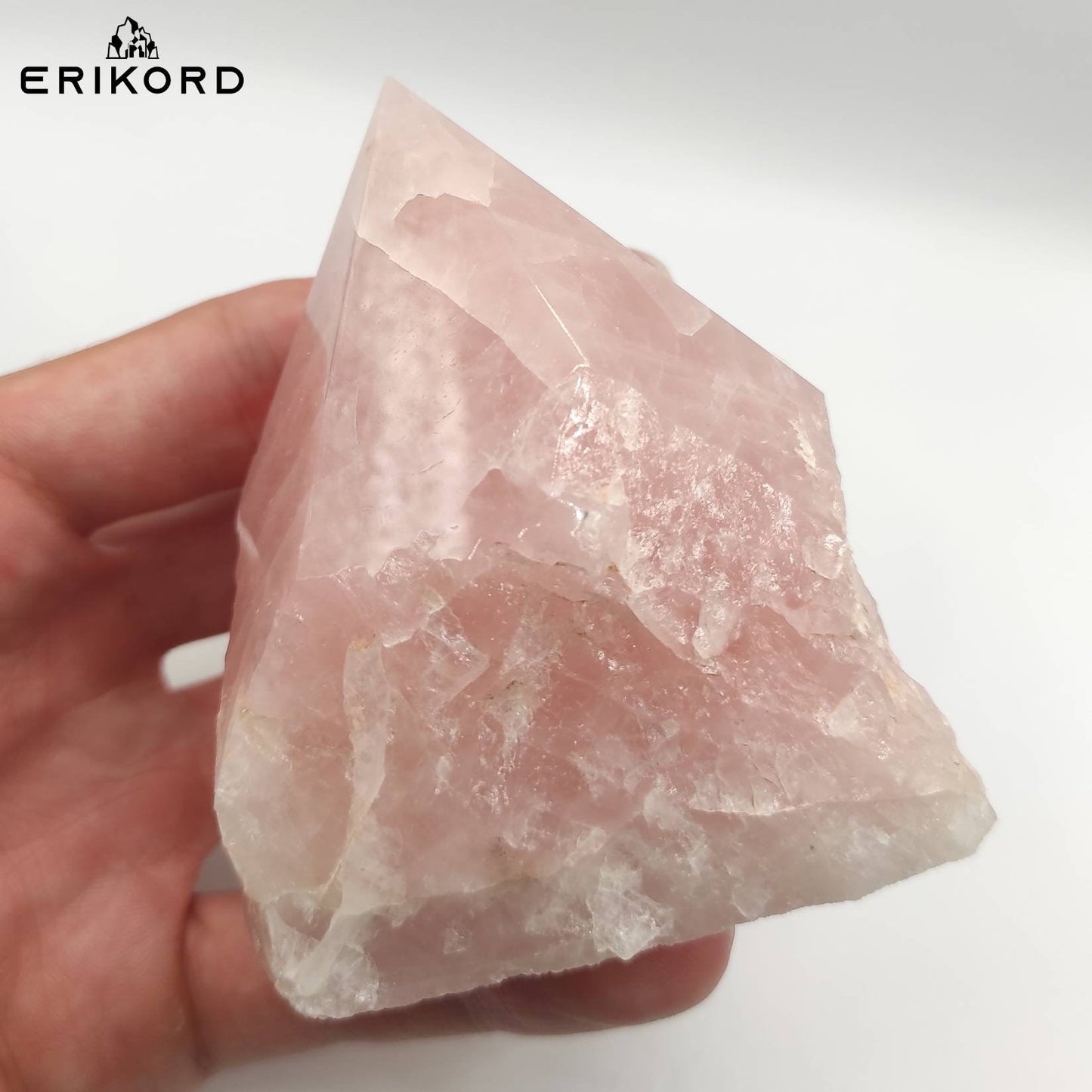 358g Raw Polished Rose Quartz Pink Tower Natural Crystal Point with Raw Base & Polished Tower Point Crystal Pyramid Flat Base Self Standing