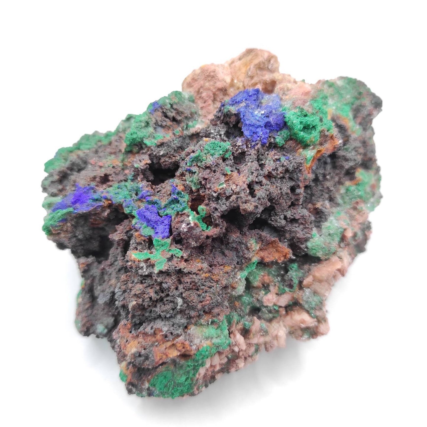 450g - Azurite and Malachite with Pink Dolomite Crystal Specimen - Blue Azurite and Malachite from Sidi Ayad, Morocco - Raw Azurite Mineral