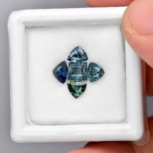 5pc (1.98ct) Lot of Blue Green Sapphires - Heated Sapphire from Australia - Square and Trillion Cut Gems - Faceted Blue and Green Sapphire