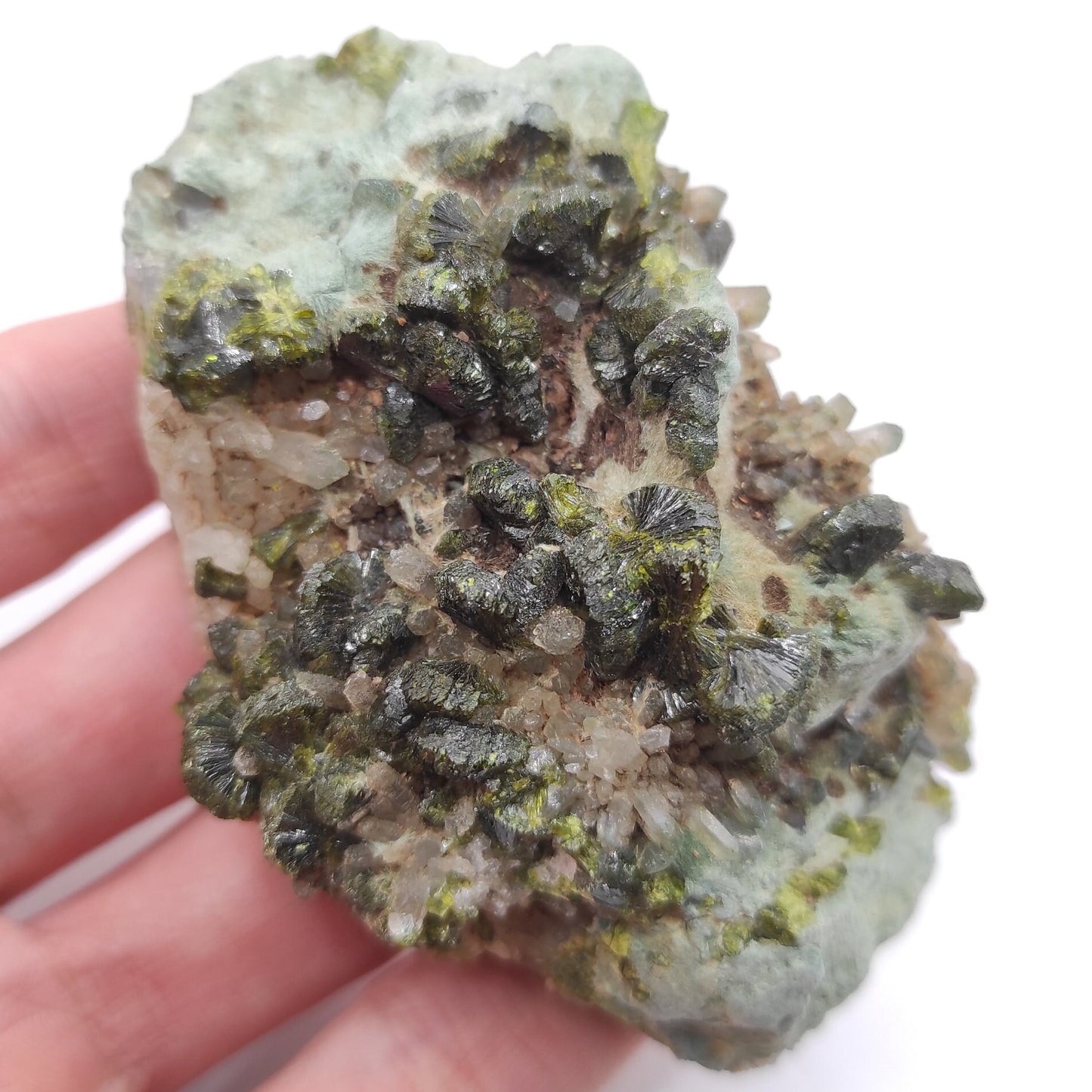 144g Epidote with Quartz - Imilchil, Morocco - Green Epidote Crystal Cluster - Raw Mineral Specimen - Green Epidote and Quartz Crystal